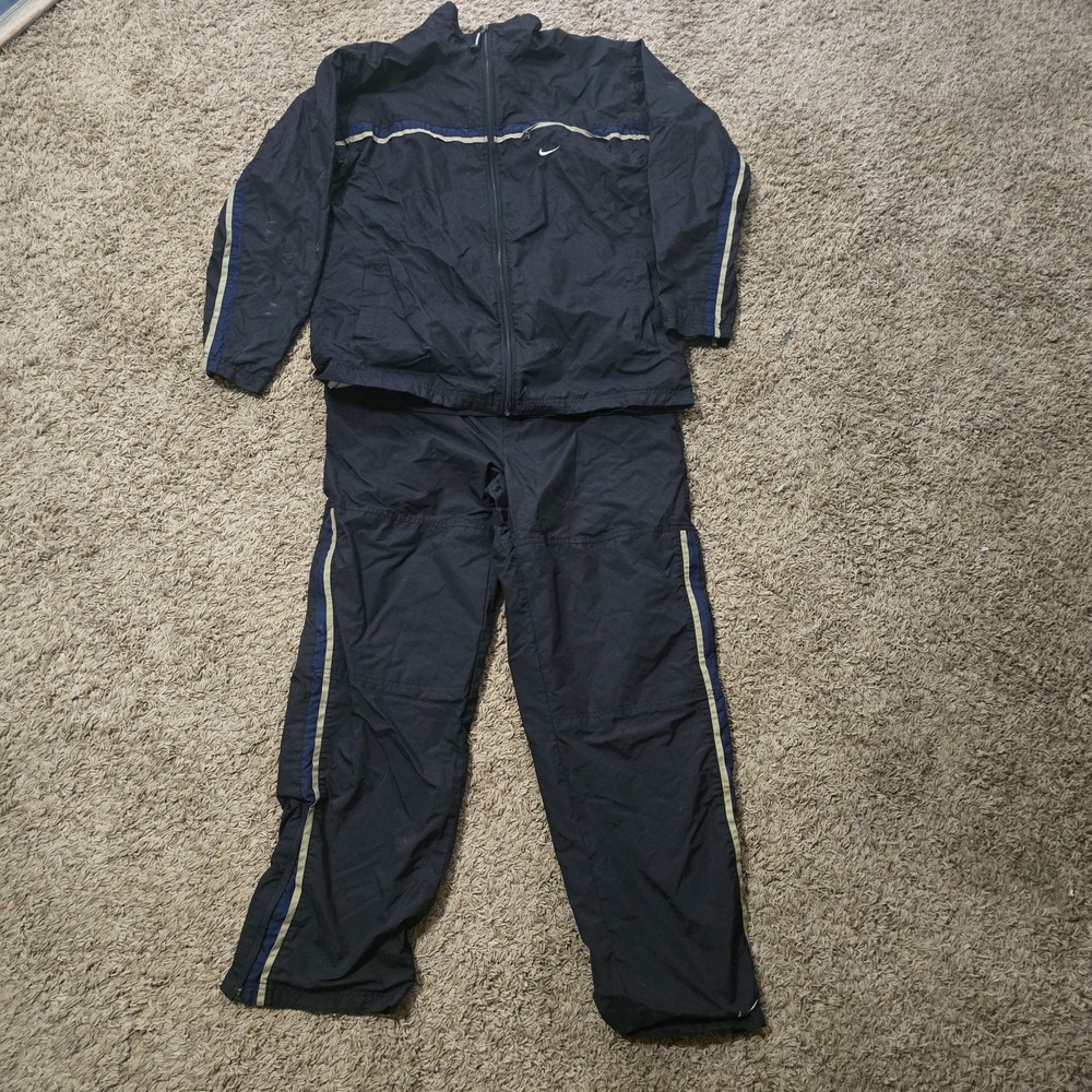 Vtg 90's Nike Navy Blue Windbreaker Track Suit Jacket Pants Silver Tag Stripe L - Picture 1 of 13